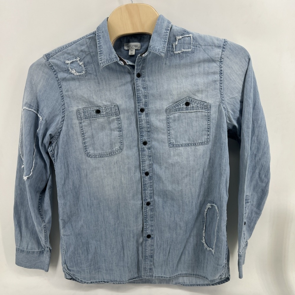 Sun + Stone Men Denim Distressed Button Down Shirt Sz XL Long Sleeve